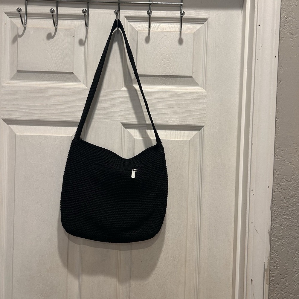 The Sak Black Crochet Shoulder Bag Woven Hobo Purse Zip Pocket Y2K Boho Purse